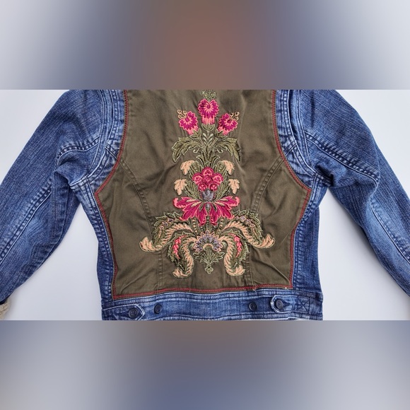 Tommy Hilfiger Denim Jacket Embroidered Fur Retro Y2K Back Floral Jean Petite S - Picture 4 of 16